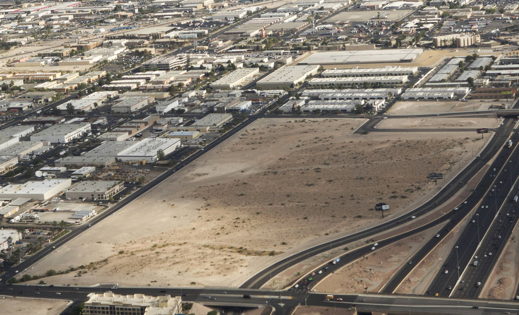An aerial view of the Raiders stadium site on Russell Road in Las Vegas on Wednesday, July 26. Heidi Fang Las Vegas Review-Journal @HeidiFang