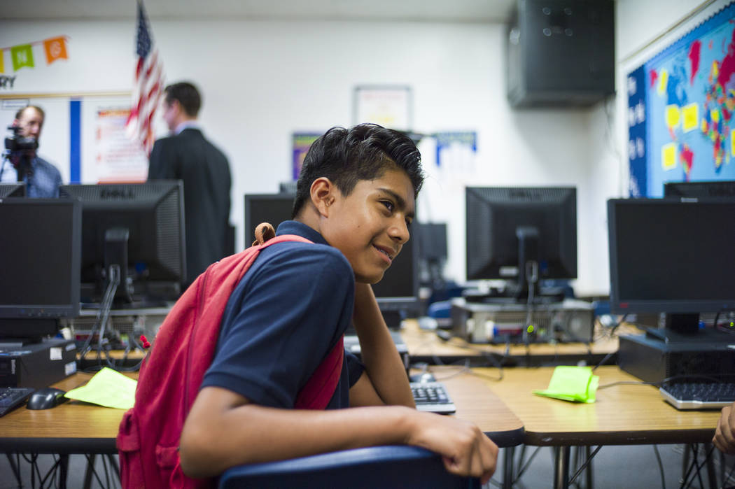 Eighth-grader Abel Silva, 12, an English language learning student, during the first day of classes at Garside Junior High School in Las Vegas on Monday, Aug. 14, 2017. Silva hopes to be an &q ...