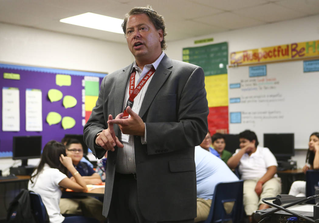 Clark County School District Superintendent Pat Skorkowsky during the first day of classes at Garside Junior High School in Las Vegas on Monday, Aug. 14, 2017. More than 320,000 children will be h ...