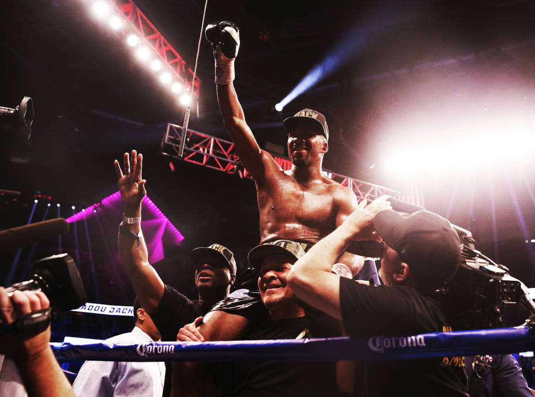 Badou Jack celebrates after defeating Nathan Cleverly by TKO in the 5th round on Saturday, Aug 26, 2017, at T-Mobile Arena, in Las Vegas. Benjamin Hager Las Vegas Review-Journal @benjaminhphoto