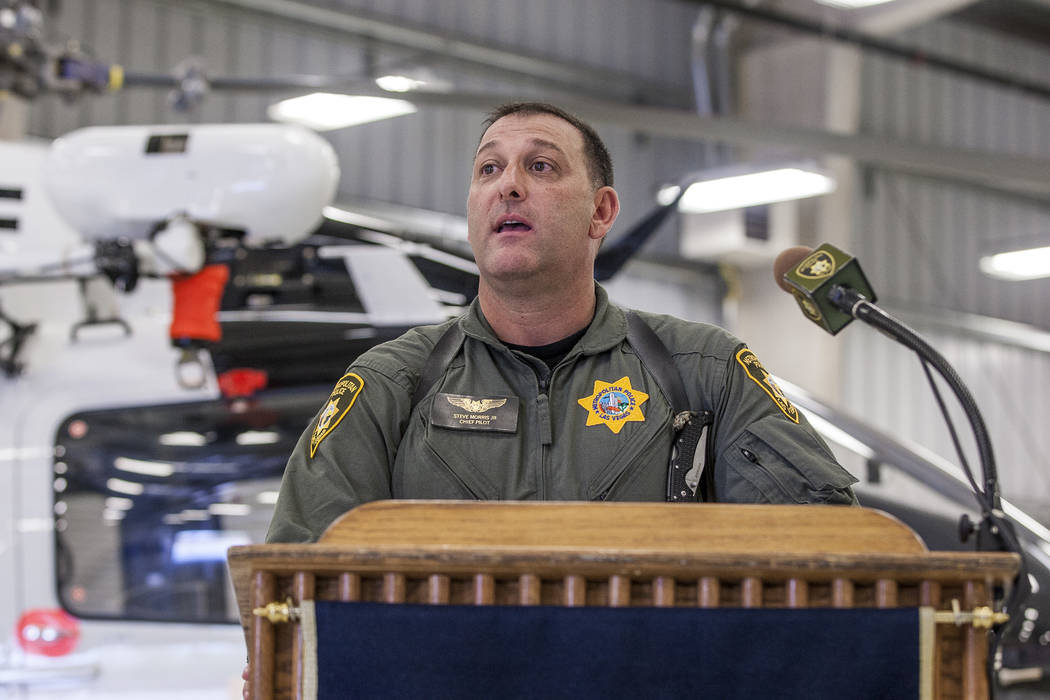 Chief Pilot Steve Morris Jr. speaks about the new Las Vegas Metropolitan Police helicopter at the North Las Vegas Airport on Wednesday, Aug. 16, 2017.  Patrick Connolly Las Vegas Review-Journal @P ...