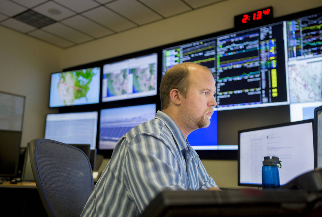 Plant diagnostic technician Cory Owens at the NV Energy monitoring and diagnostic center at the Las Vegas headquarters located on 6226 W. Sahara Ave., Thursday, Aug. 17, 2017. Elizabeth Brumley La ...