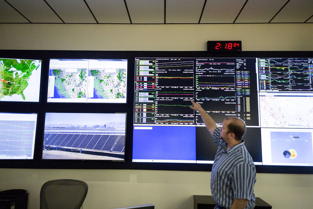 Plant Diagnostic technician Cory Owens looks at the board monitoring different NV Energy plants in the NV Energy monitoring and diagnostic center at the Las Vegas headquarters at 6226 W. Sahara Av ...