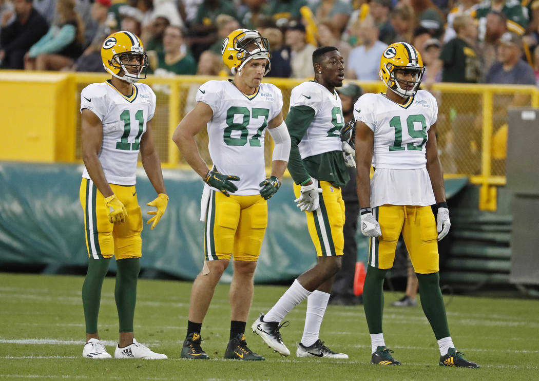 Green Bay Packers Trevor Davis, Jordy Nelson, Geronimo Allison and Malachi Dupre participate in an NFL football training camp practice, Saturday, Aug 5, 2017, in Green Bay, Wis. (AP Photo/Matt Ludtke)