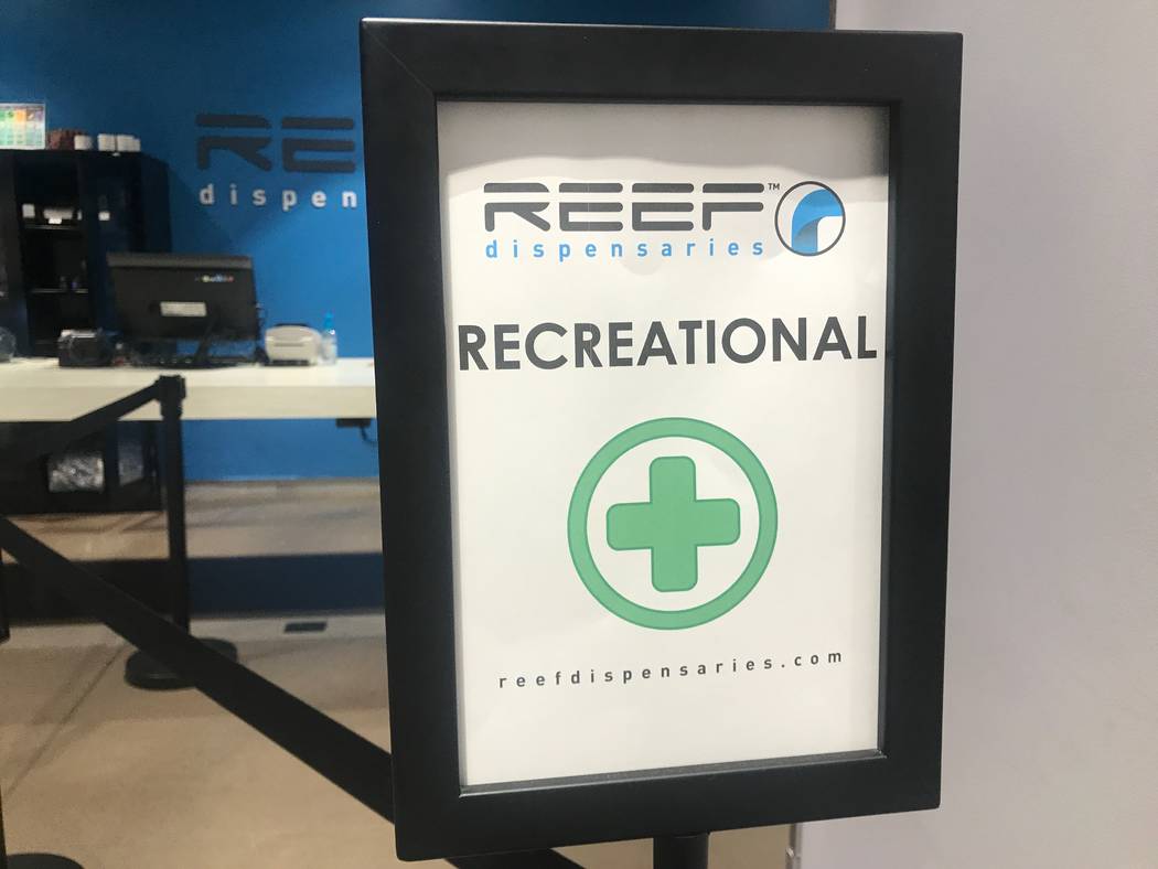 A sign for recreational customers is displayed on August 15, 2017  at the North Las Vegas Reef dispensaries location, 1366 W. Cheyenne Ave. #110 & #111. (Kailyn Brown/ View) @KailynHype