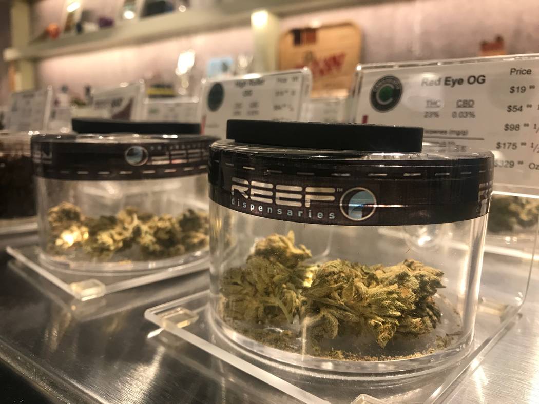 Products are displayed in cases on August 15, 2017 at the North Las Vegas Reef dispensaries location, 1366 W. Cheyenne Ave. #110 & #111. (Kailyn Brown/ View) @KailynHype