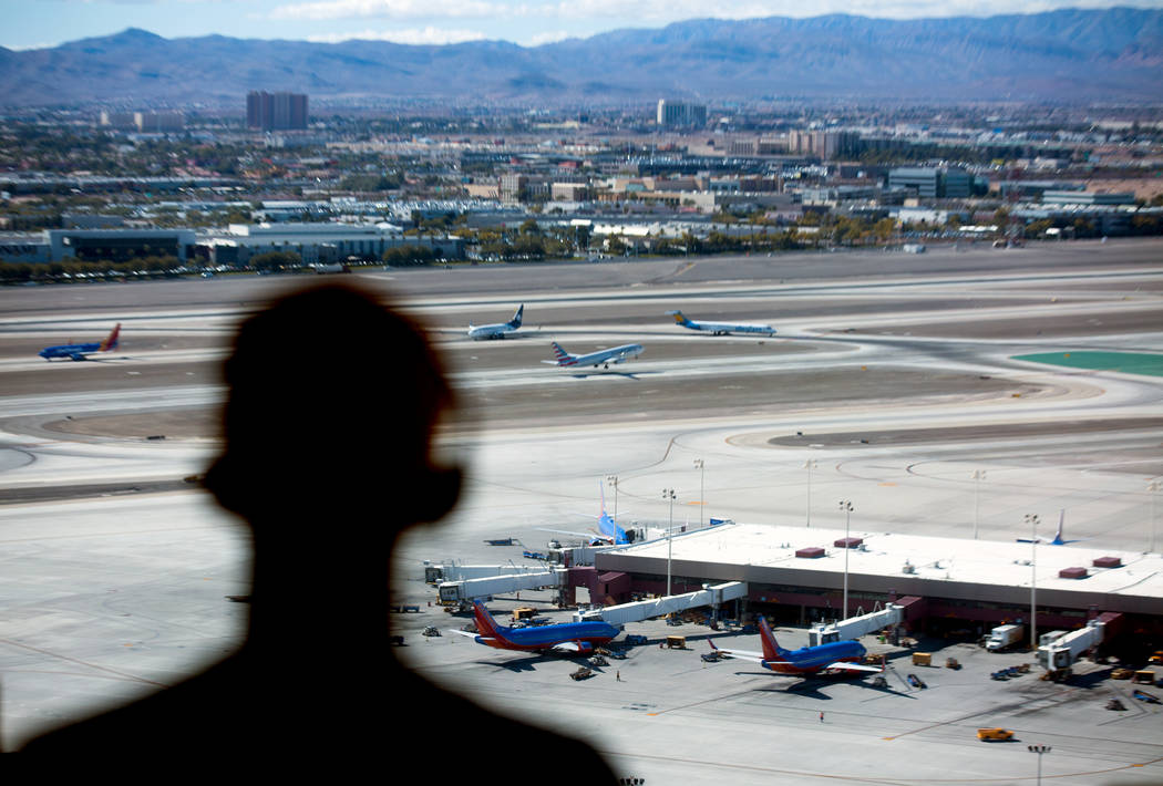 In this Oct. 17, 2016 file photo, an air traffic controller monitors airline traffic at the FAA Tower at McCarran International Airport. (Jeff Scheid/Las Vegas Review-Journal) @jeffscheid