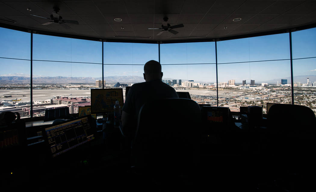 In this Oct. 17, 2016 file photo, an air traffic controller monitors airline traffic at the FAA Tower at McCarran International Airport. (Jeff Scheid/Las Vegas Review-Journal) Follow @jeffscheid