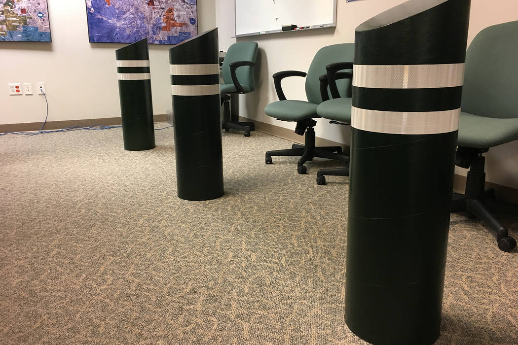Cardboard replica bollards inside the Clark County Government Center. County commissioners will discuss Tuesday whether to install the real steel posts along the Las Vegas Strip. (Michael Scott Da ...