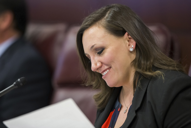 Sen. Nicole Cannizzaro, D-Las Vegas, reads through a copy of a proposed resolution during the Nevada Legislative session on Thursday, Feb. 9, 2017, in Carson City. (Benjamin Hager/Las Vegas Review ...