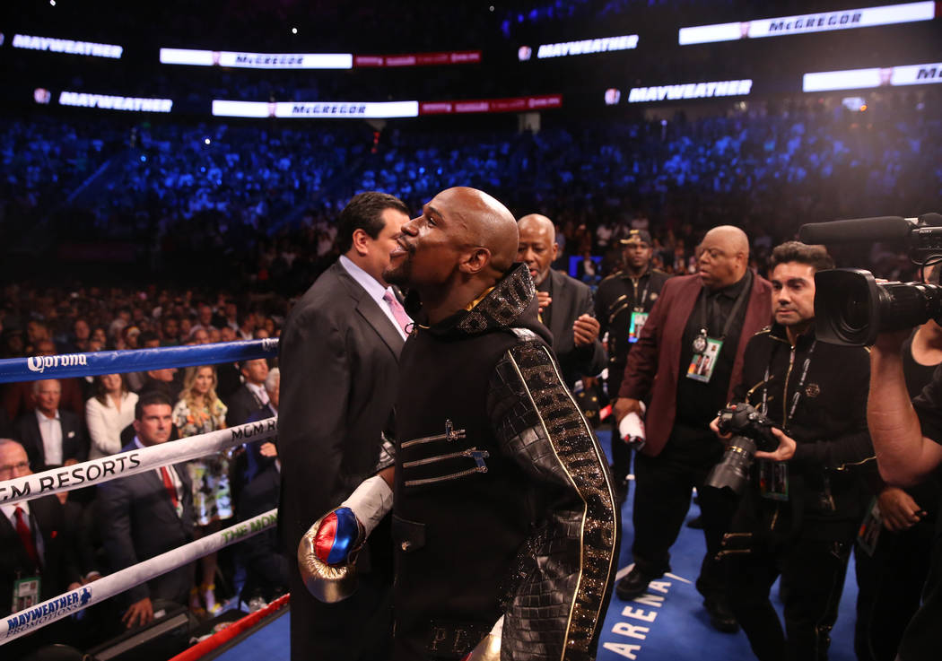 Floyd Mayweather Jr. enters the ring before his fight against Conor McGregor at T-Mobile Arena, Saturday, Aug. 26, 2017, in Las Vegas. Benjamin Hager Las Vegas Review-Journal
