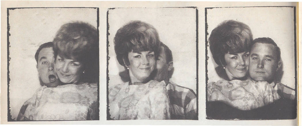Claudia Reott and David Denevan sit in a photo booth on their wedding day, Aug. 25, 1965. (Claudia Reott and David Denevan)