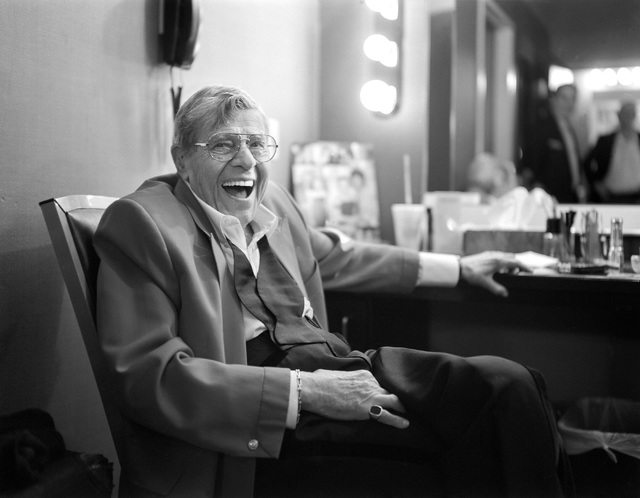 Jerry Lewis has a laugh in his dressing room after the final show of his run at the South Point, Sunday, Oct. 2, 2016 in Las Vegas. Sam Morris/Las Vegas News Bureau