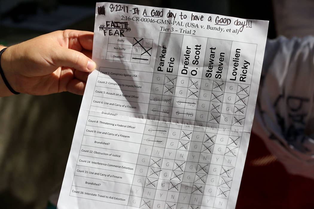 Cliven Bundy’s daughter, Bailey Bundy Logue, holds up a score sheet outside the Lloyd George U.S. Courthouse with a record of the verdicts of each defendant’s charges during the Bunkerville st ...