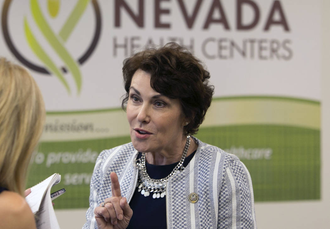 U.S. Rep. Jacky Rosen, D-Nev., speaks during an interview after hosting a press conference at Nevada Health Centers to discuss legislative efforts to address doctor shortage in Nevada on Monday, A ...