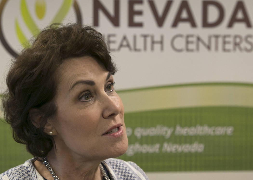 U.S. Rep. Jacky Rosen, D-Nev., speaks during an interview after hosting a press conference at Nevada Health Centers to discuss legislative efforts to address doctor shortage in Nevada  on Monday,  ...