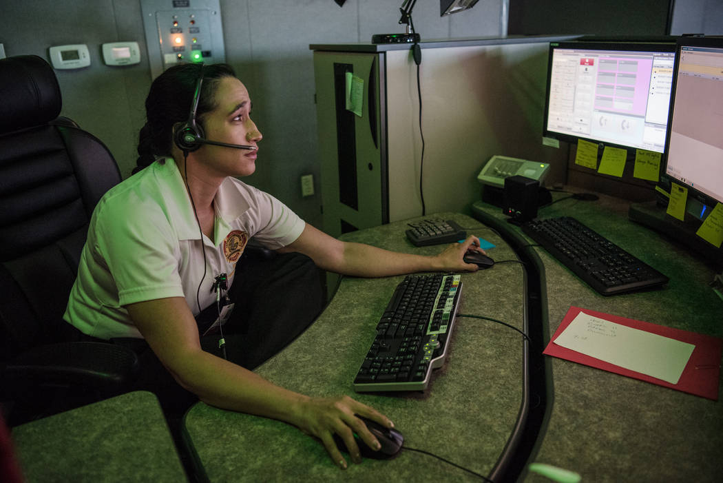 Guinevere Cisne working at the nurse dispatcher station at Las Vegas Fire and Rescue on Friday, Aug. 25, 2017, in Las Vegas. Morgan Lieberman Las Vegas Review-Journal