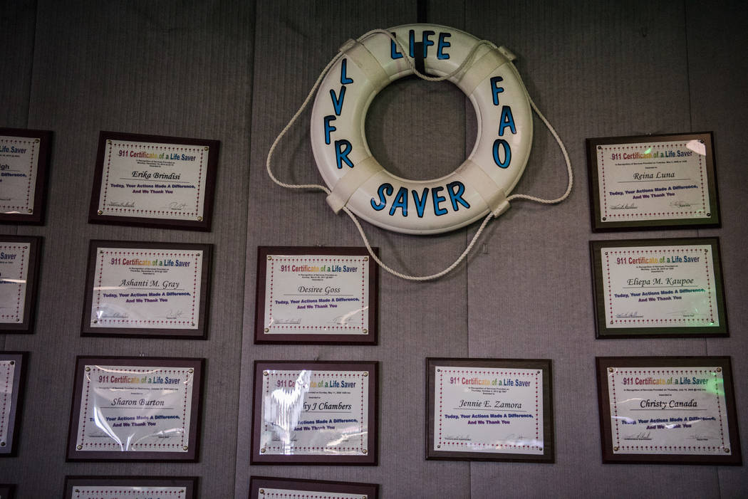 The wall of "life saver" certificates at Las Vegas Fire and Rescue on Friday, Aug. 25, 2017, in Las Vegas. Morgan Lieberman Las Vegas Review-Journal