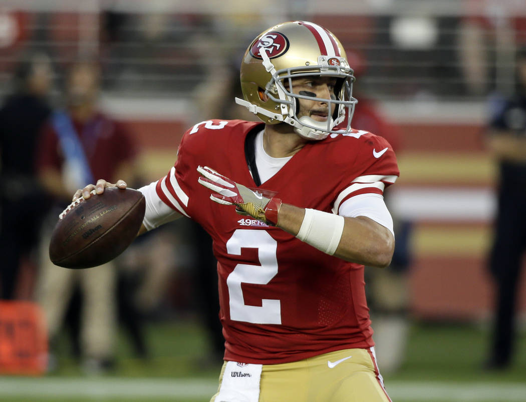 San Francisco 49ers quarterback Brian Hoyer throws against the Denver Broncos during the first half of a preseason NFL football game Saturday, Aug. 19, 2017, in Santa Clara, Calif. (AP Photo/Eric ...