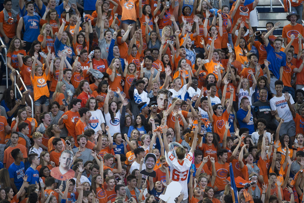 Bishop Gorman's fans cheer on their team against DeMatha Catholic in their football game at Bishop Gorman High School in Las Vegas, on Friday, Aug. 25, 2017. Gorman won 35-23. Erik Verduzco Las Ve ...
