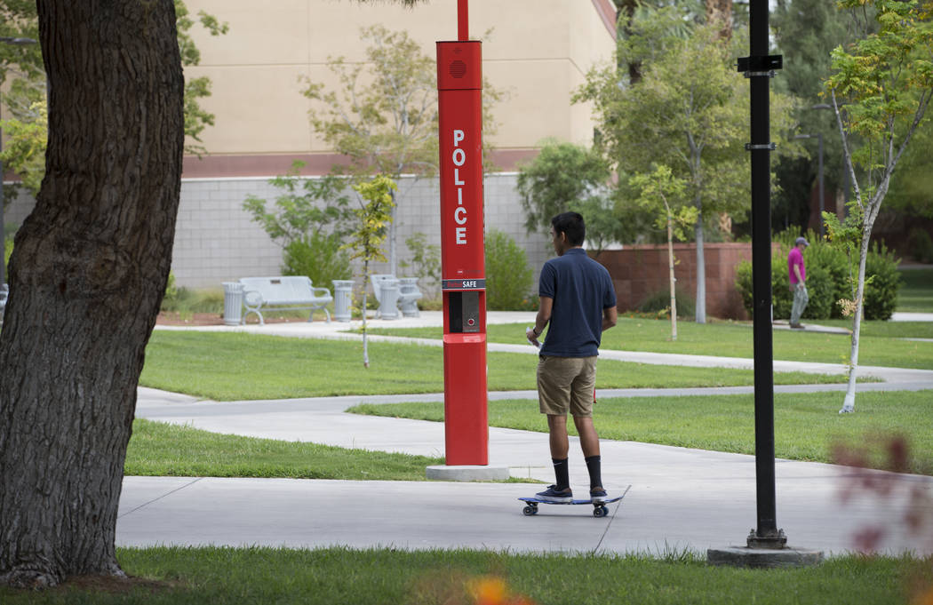 A new emergency phone system at UNLV in Las Vegas on Thursday, Aug. 24, 2017. Ten of 19 emergency phone systems have been installed at UNLV with $250,000 in funding from UNLV student government. ( ...