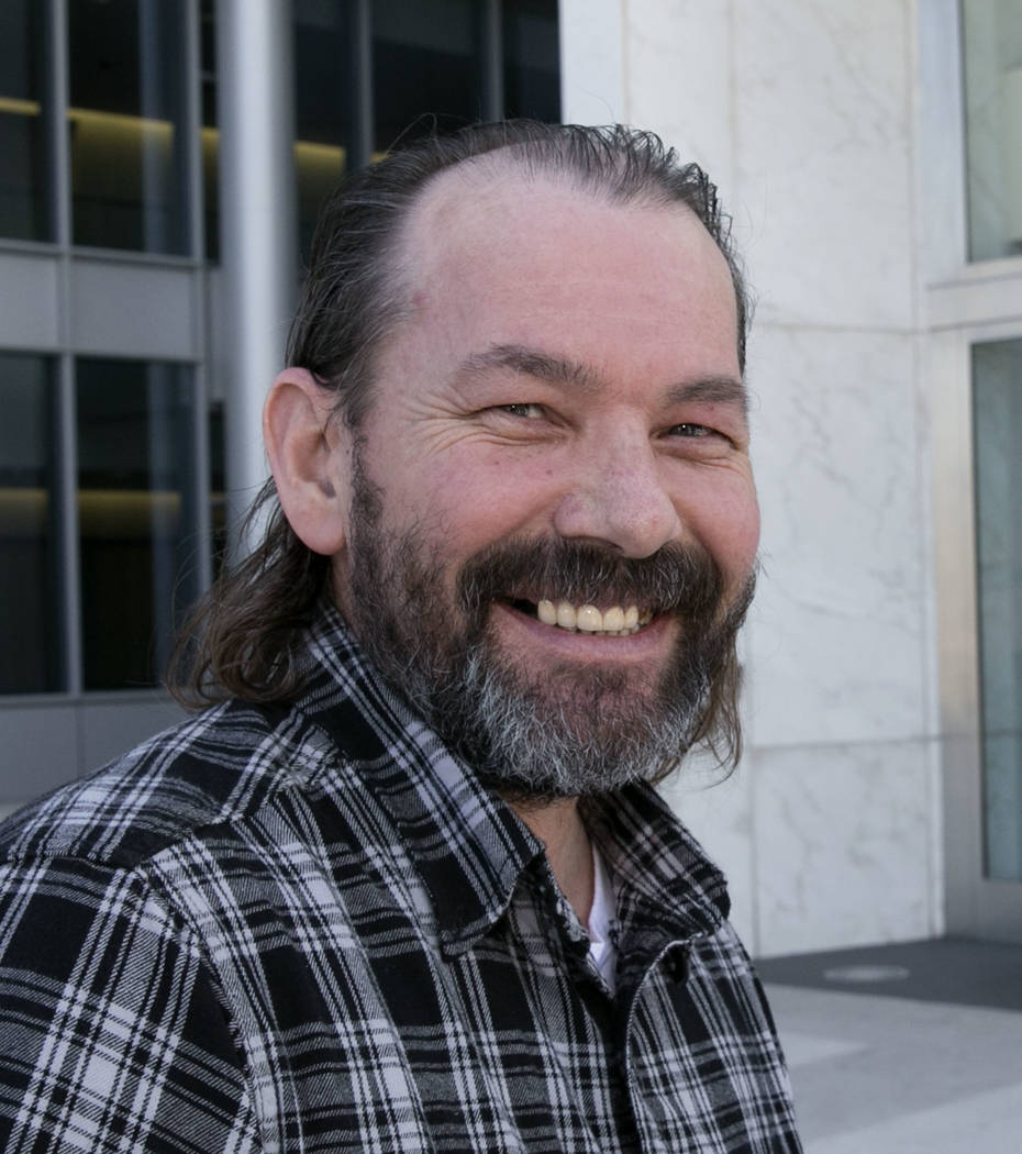 Scott Drexler smiles as he leaves the Lloyd George U.S. Courthouse on Wednesday, Aug. 23, 2017, in Las Vegas. Drexler and three other defendants in the Bunkerville standoff case were released from ...