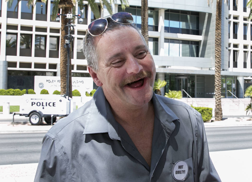Ricky Lovelien smiles as he leaves the Lloyd George U.S. Courthouse on Wednesday, Aug. 23, 2017, in Las Vegas. Lovelien and three other defendants in the Bunkerville standoff case were released fr ...