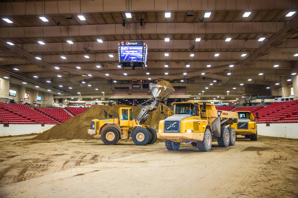 Joe Baumgartner loading up dump trucks with dirt used for a BMX race inside the South Point Arena and Equestrian Center, Monday, July 17, 2017, in Las Vegas. Todd Prince Las Vegas Review-Journal