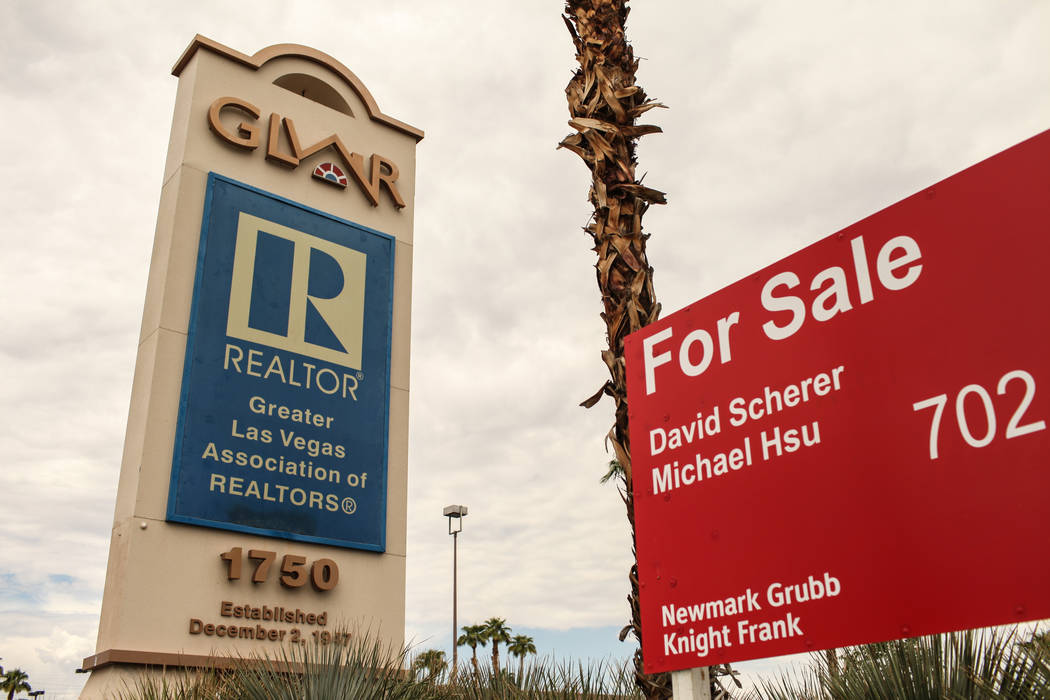 A for sale sign is posted outside the Greater Las Vegas Association of Realtors office on East Sahara Avenue in Las Vegas on Aug. 24, 2017. The property was recently sold to a construction union.  ...