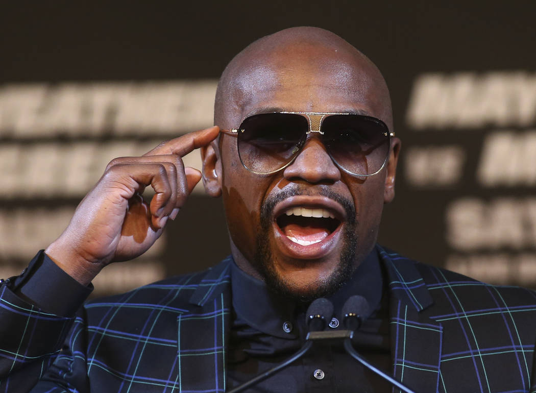 Floyd Mayweather Jr. during the final press conference ahead of his fight against Conor McGregor, slated for Aug. 26 at the T-Mobile Arena, at the Ka Theatre at the MGM Grand in Las Vegas on Wedne ...