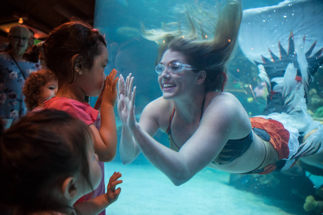 Nicole Grant expresses friendly greetings to Hazel Kim, 3, at her mermaid show at Silverton hotel-casino on Thursday, Aug. 24, 2017, in Las Vegas. Morgan Lieberman Las Vegas Review-Journal