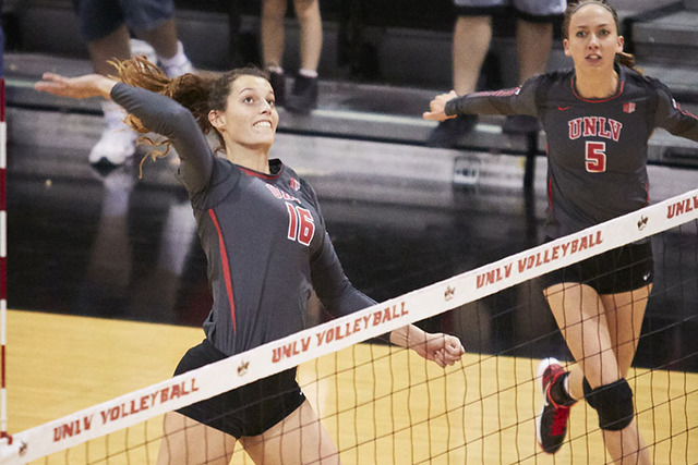 Elsa Descamps, left, shown last season, had 13 kills Saturday to help UNLV to a 3-1 win over Eastern Washington in the UNLV Invitational. (Josh Hawkins/UNLV)