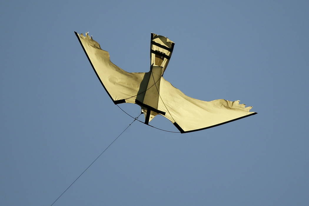 A vinyl kite used to ward off seagulls flies over the top deck of the Oakland Coliseum in Oakland, Calif., on Aug. 1. (AP Photo/Eric Risberg)
