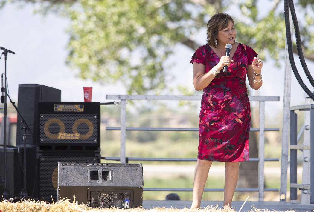New Mexico Governor Susana Martinez addresses the crowd during the 3rd annual Basque Fry held at Corley Ranch in Gardnerville, Nevada on Saturday, Aug. 26, 2017. Richard Brian Las Vegas Review-Jou ...