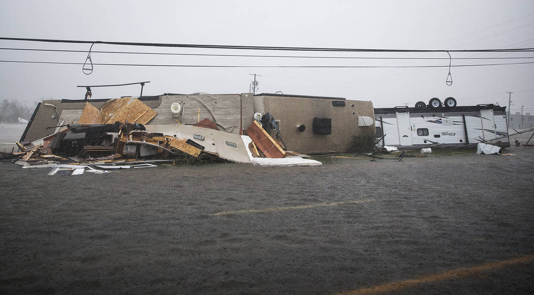 A trailer home sits on its side after Hurricane Harvey ripped through in Rockport, Texas, on Saturday, Aug. 26, 2017. The fiercest hurricane to hit the U.S. in more than a decade spun across hund ...