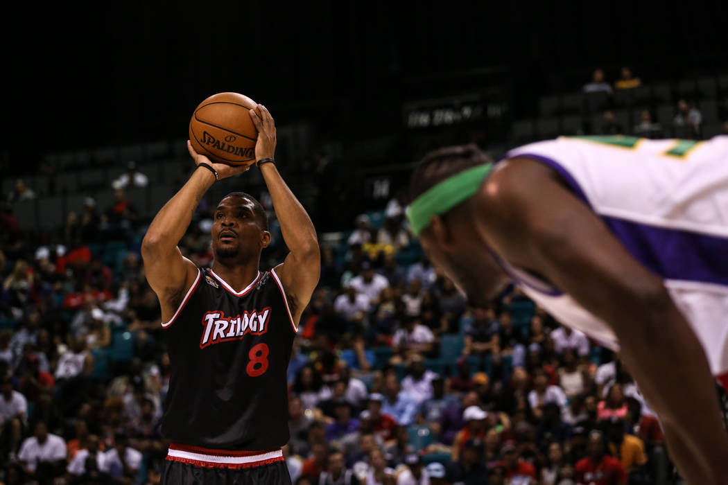 Trilogy's James White (8) shoots a free-throw during the first half of the Big 3 Championship match at the MGM Grand Garden Arena in Las Vegas on Aug. 26, 2017. Trilogy defeated the 3 Headed Monst ...