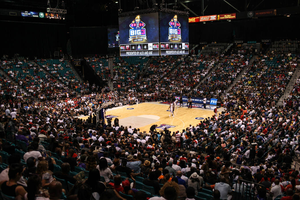 Crowds cheer during the second half of the Big 3 Championship match at the MGM Grand Garden Arena in Las Vegas on Aug. 26, 2017. Trilogy defeated the 3 Headed Monsters with a final score of 51-46. ...