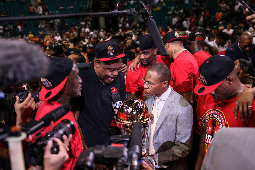 Trilogy's Coach Rick Mahorn is interviewed after winning the Big 3 Championship match at the MGM Grand Garden Arena in Las Vegas on Aug. 26, 2017. Trilogy defeated the 3 Headed Monsters with a fin ...