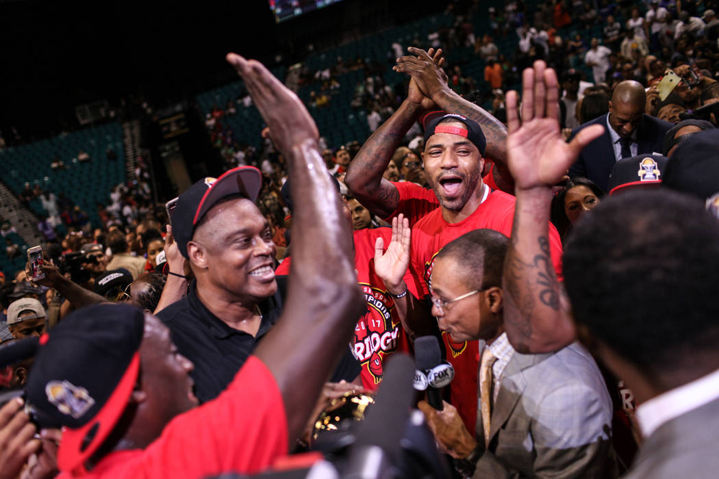 Trilogy's James White (8) cheers with his team after winning the Big 3 Championship match at the MGM Grand Garden Arena in Las Vegas on Aug. 26, 2017. Trilogy defeated the 3 Headed Monsters with a ...