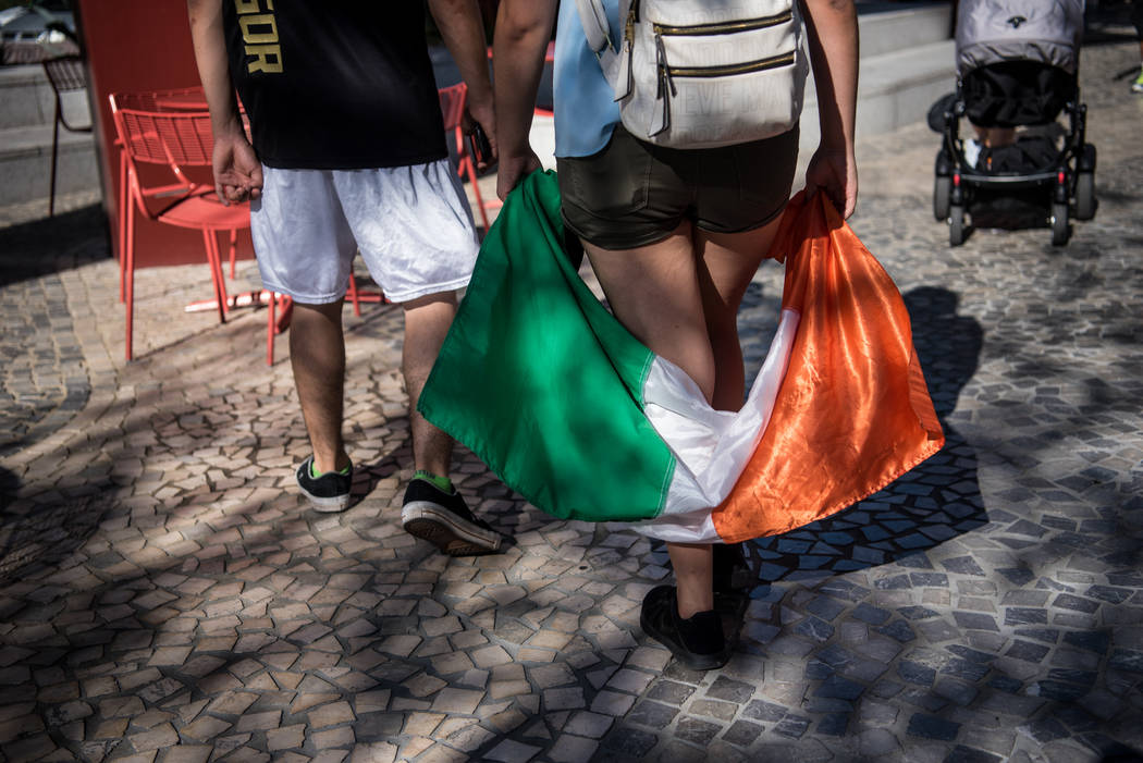 An Irish flag being carried around before Floyd Mayweather Jr. takes on Conor McGregor at T-Mobile Arena, Saturday, Aug. 26, 2017, in Las Vegas. Morgan Lieberman Las Vegas Review-Journal