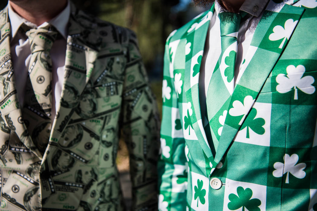 English residents Terry Watson and Jamie Cooper in themed outfits before Floyd Mayweather Jr. takes on Conor McGregor at T-Mobile Arena, Saturday, Aug. 26, 2017, in Las Vegas. Morgan Lieberman Las ...