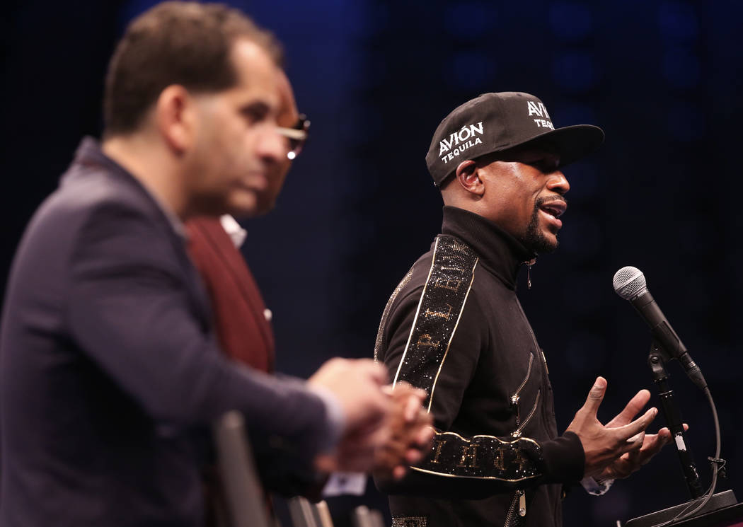Floyd Mayweather addresses the media after defeating Conor McGregor on Saturday, Aug 26, 2017, at T-Mobile Arena, in Las Vegas. Benjamin Hager Las Vegas Review-Journal @benjaminhphoto