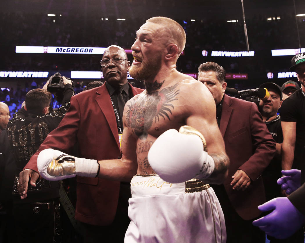 Conor McGregor puts his hands up in frustration after his TKO loss to Floyd Mayweather on Saturday, Aug 26, 2017, at T-Mobile Arena, in Las Vegas. Benjamin Hager Las Vegas Review-Journal @benjamin ...
