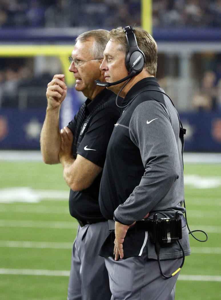 Oakland Raiders head coach Jack Del Rio talks with a member of his staff on the sideline in the second half of a preseason NFL football game against the Dallas Cowboys on Saturday, Aug. 26, 2017, ...