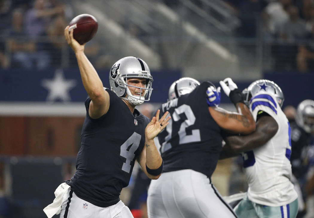 Oakland Raiders quarterback Derek Carr (4) throws a pass in the first half of a preseason NFL football game against the Dallas Cowboys on Saturday, Aug. 26, 2017, in Arlington, Texas. (AP Photo/Ro ...