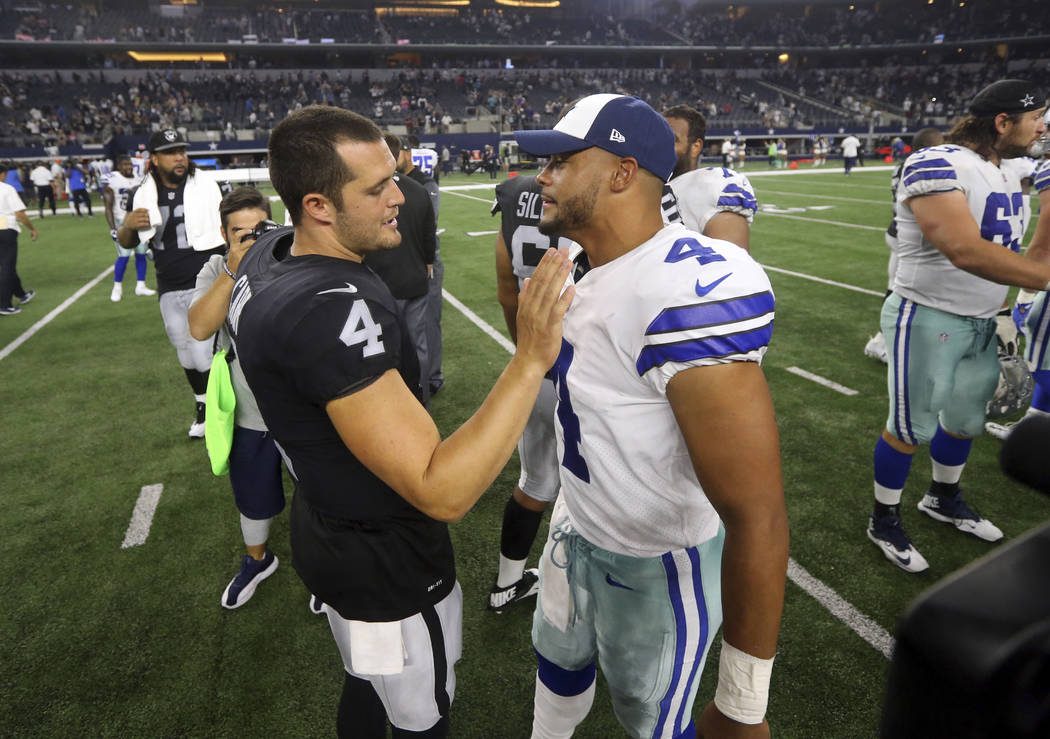 Oakland Raiders quarterback Derek Carr (4) and Dallas Cowboys quarterback Dak Prescott, right, greet each other on the field after their preseason NFL football game, Saturday, Aug. 26, 2017, in Ar ...