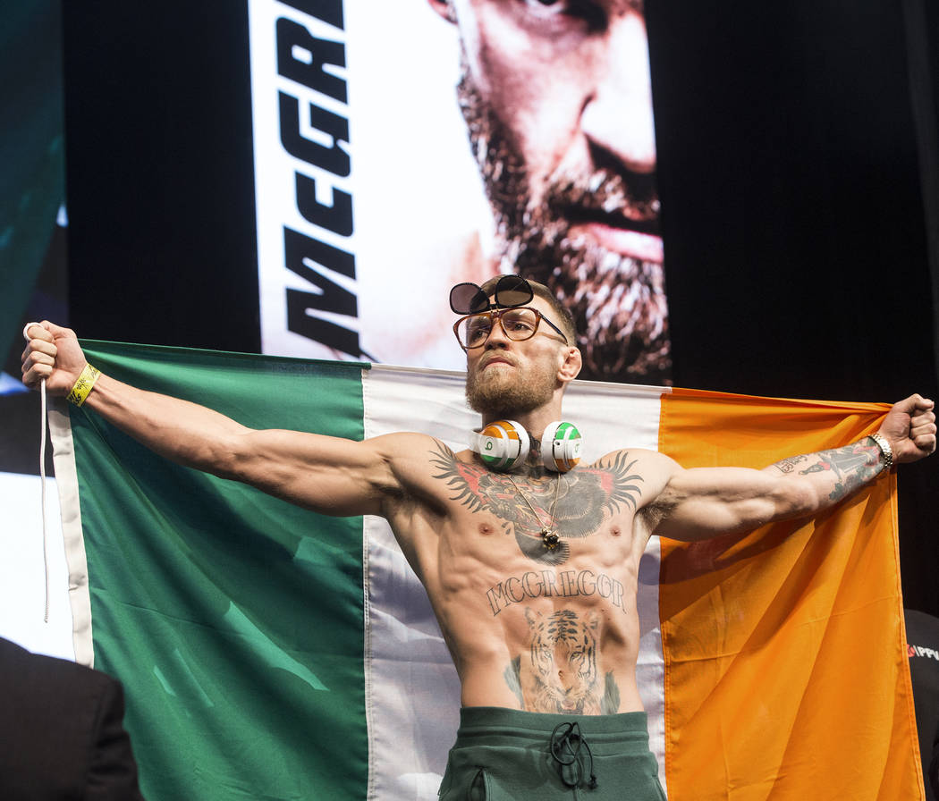 Conor McGregor peers into the crowd during weigh-ins on Friday, Aug 25, 2017, at T-Mobile Arena, in Las Vegas. Benjamin Hager Las Vegas Review-Journal @benjaminhphoto