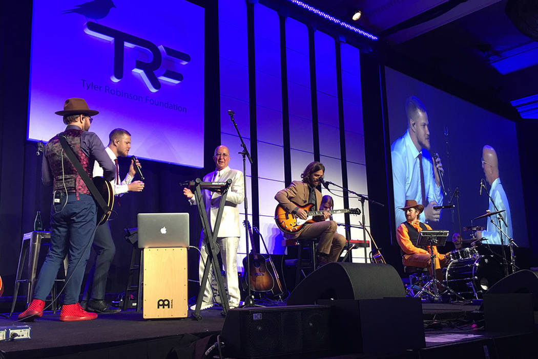 Paul Shaffer joins Imagine Dragons for a cover of "Stand By Me" during the Tyler Robinson Foundation Believer Gala at Caesars Palace on Friday, Aug. 25, 2017 (John Katsilometes/Las Vegas Review-Jo ...