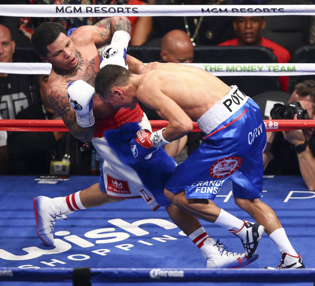 Gervonta Davis, left, defeats Francisco Fonseca with a technical knockout in their junior lightweight championship bout at T-Mobile Arena, Saturday, Aug. 26, 2017, in Las Vegas. Chase Stevens Las  ...