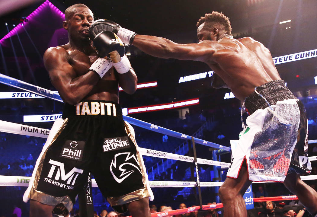Steve Cunningham, right, lands a punch against Andrew Tabiti in the 5th round on Saturday, Aug 26, 2017, at T-Mobile Arena, in Las Vegas. Benjamin Hager Las Vegas Review-Journal @benjaminhphoto